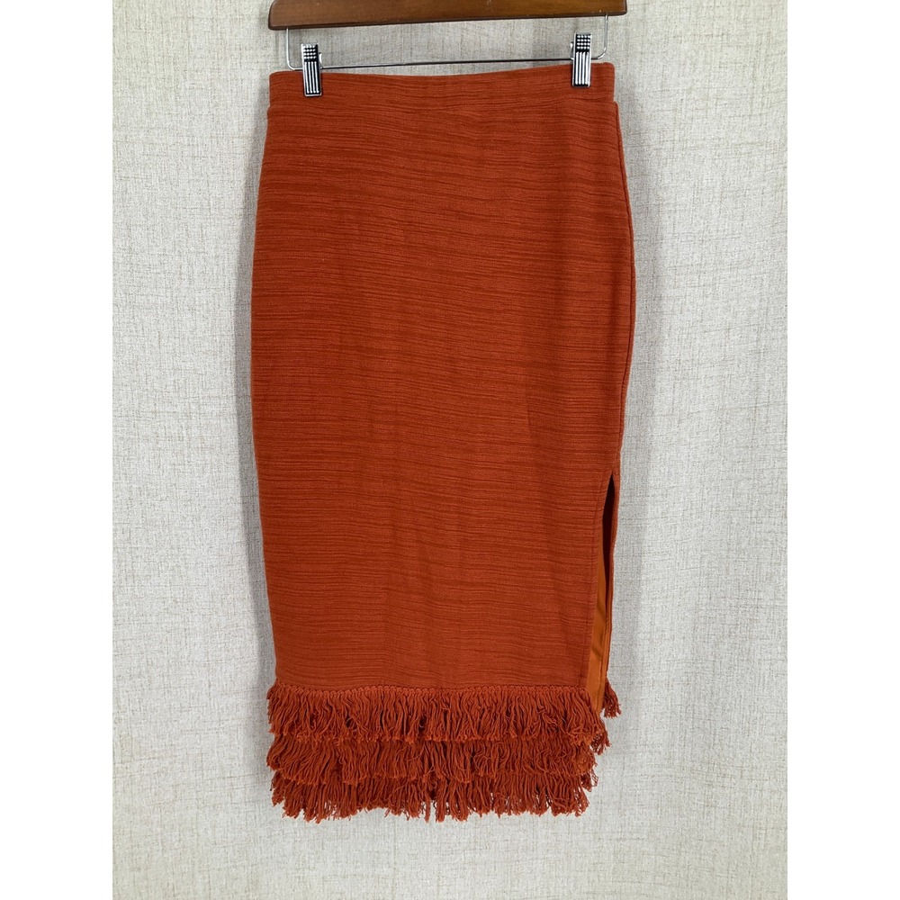 Saylor Fringe Pencil Skirt‎ Womens Small Rust Orange Cotton Knit Boho Midi